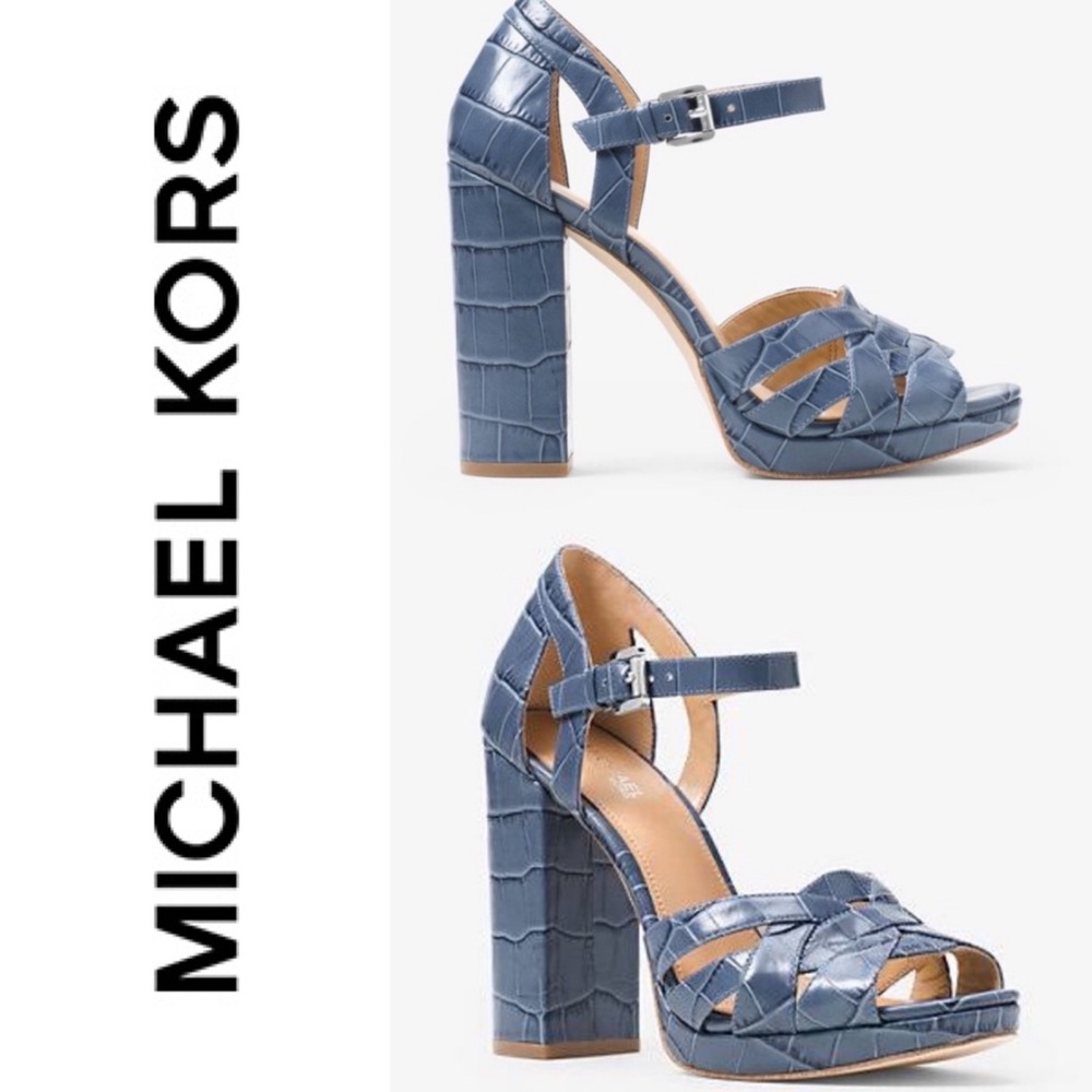 Micheal Kors Annaliese Embossed Leather Platform Sandal Blue